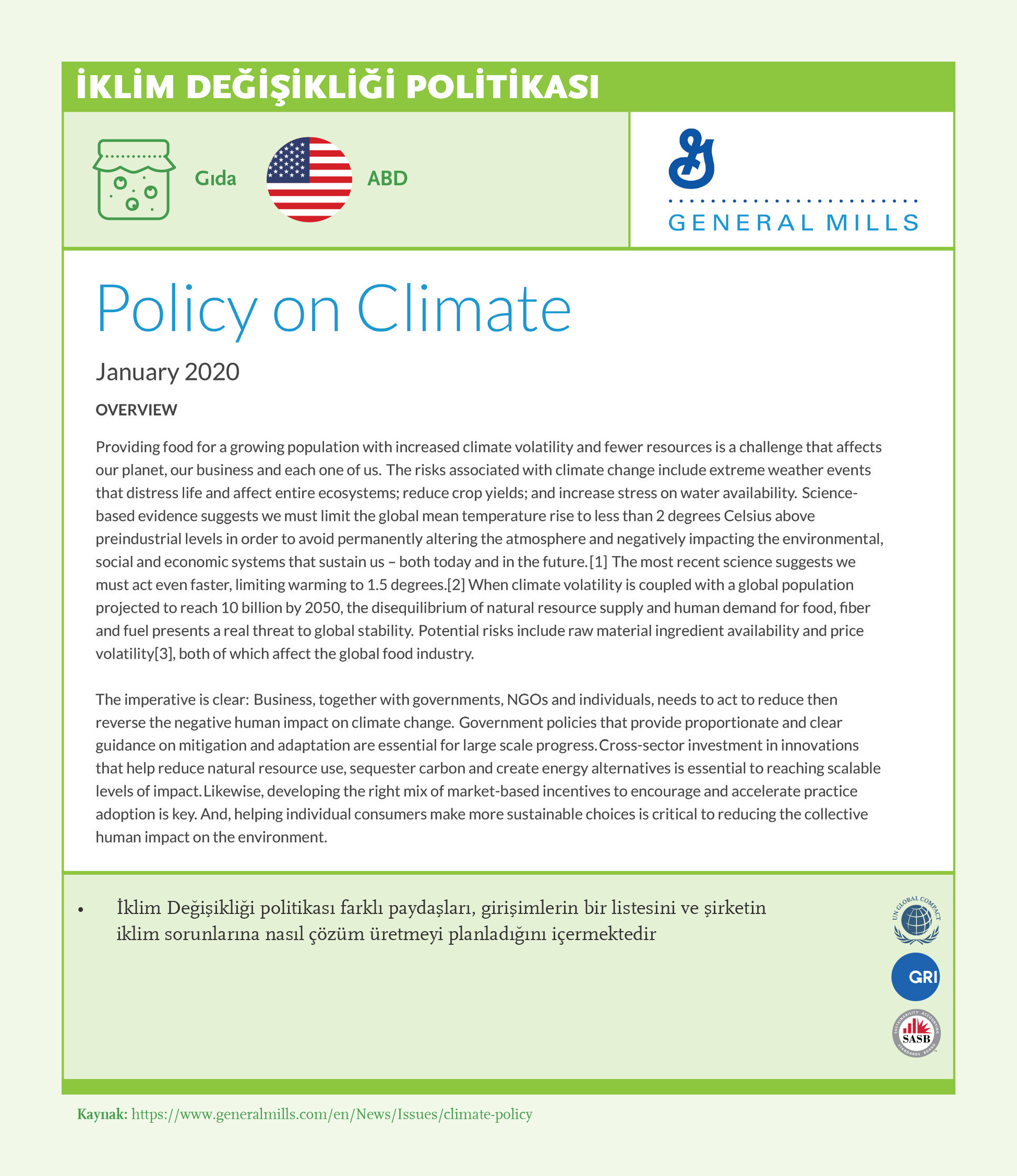 İklim Değişikliği Politikası: General Mills